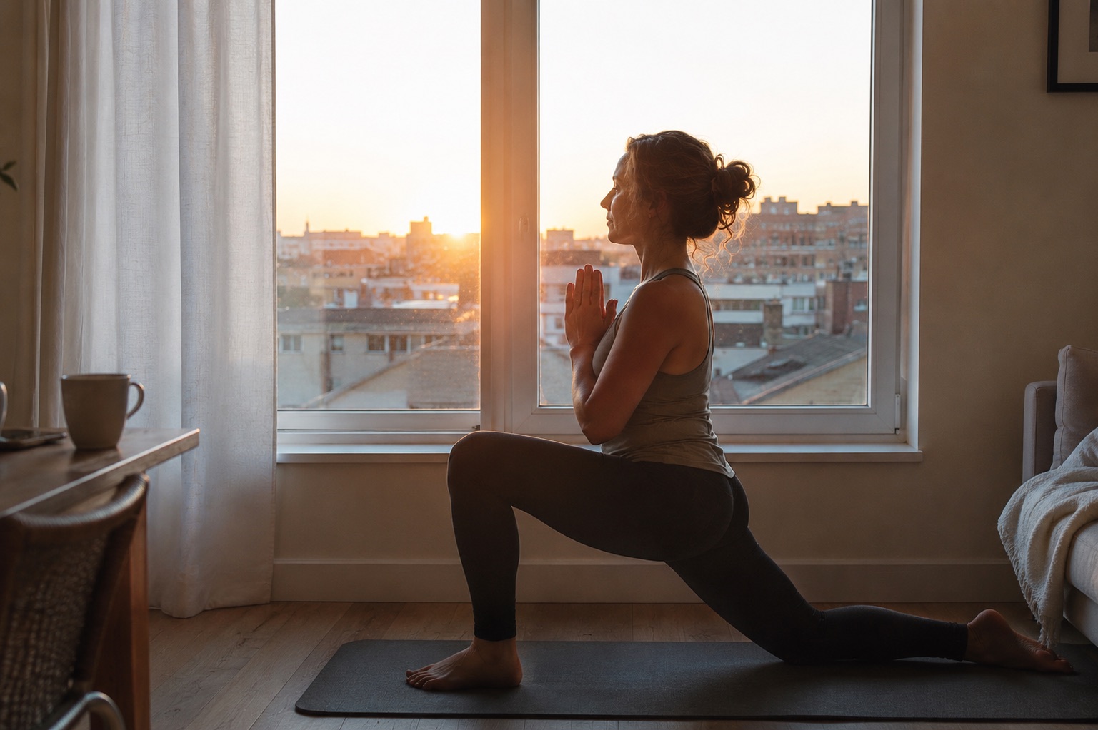 Femme pratiquant le yoga à l'aube